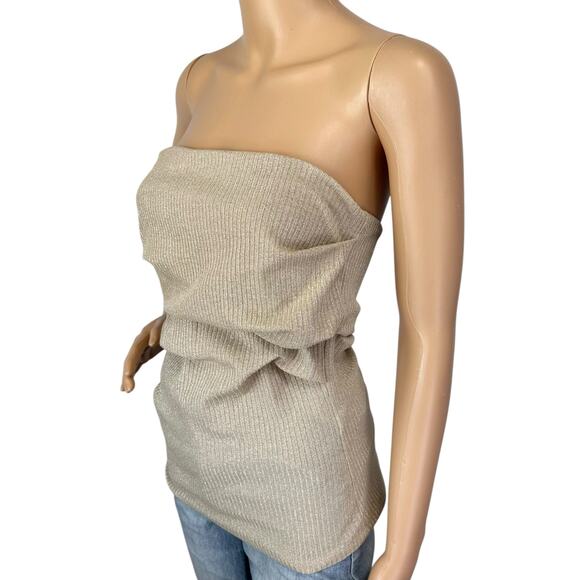 Zara Gold Bandeau Strapless Knit Top Metallic Pleated Side Tube Top Size L - Picture 5 of 10